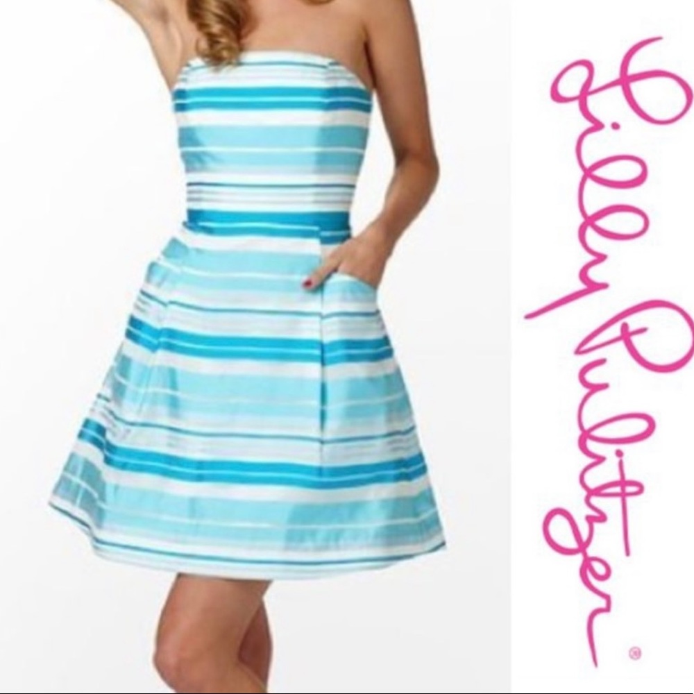 Lilly Pulitzer strapless Tiffany blue & White silk dress size 8 (runs small)